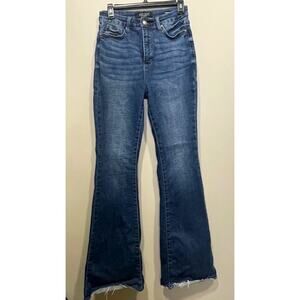 Judy Blue Jeans Womens 7/28 High Waist Control Top Flare Raw Hem Stretch Denim